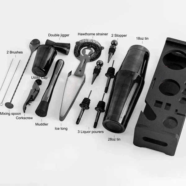 Zwarte cocktailshakerset met standaard